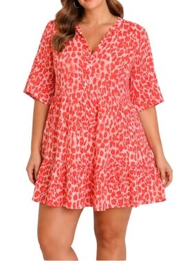 Yolly Italy Coral Animal-Print V-Neck Tiered Tunic/Mini Dress